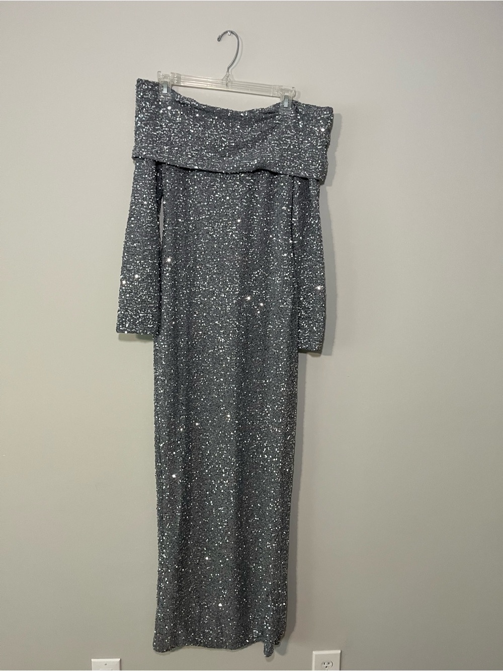 Fashion Nova Silver Off-Shoulder Long Sleeve Sequin Gown